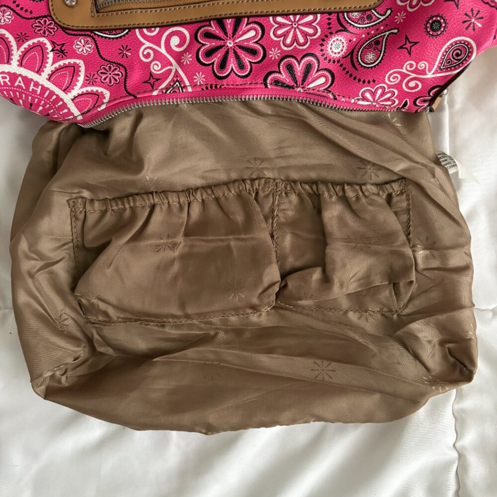 Isaac Mizrahi Pink Bandanna Print Hobo Style Tan PVC Trimmed Bag Retro - Picture 10 of 10